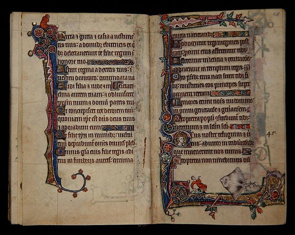 Ms 1-2005, ff.67v-68r: En gigantisk skøyte skremmer en mann, grensedekorasjon fra Macclesfield Psalter, Use of Sarum, East Anglia, ca. 1330 (vellum) av English School