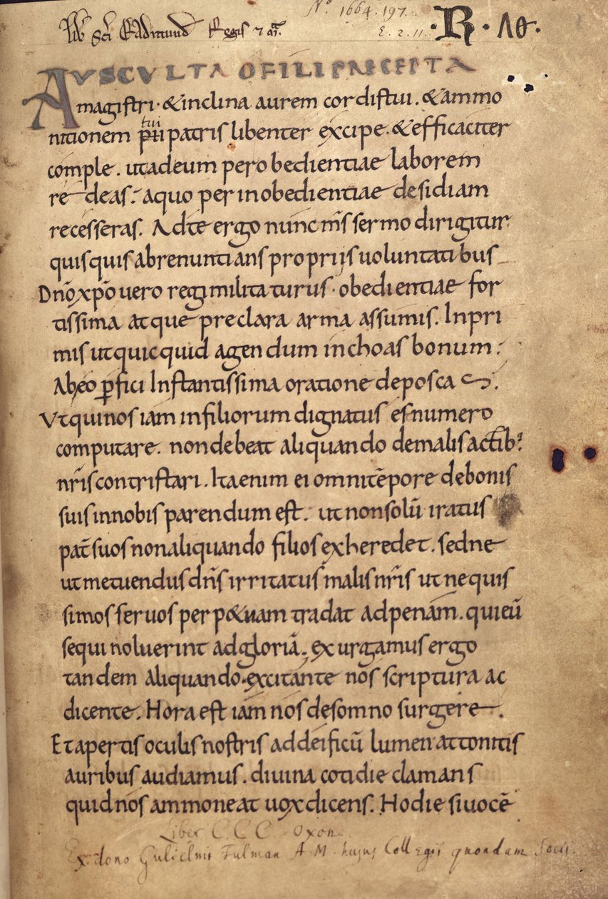 Ms. 197 f.1r Regel av St. Benedict av English School