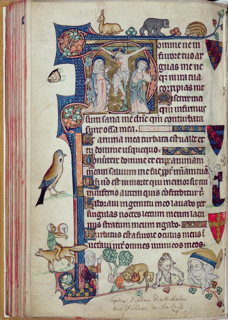 Ms 242 f.55v The Crucifixion, fra Packham-Clifford Hours, Use of Sarum, c.1314-31 (bladgull og tempera på pergament) av English School