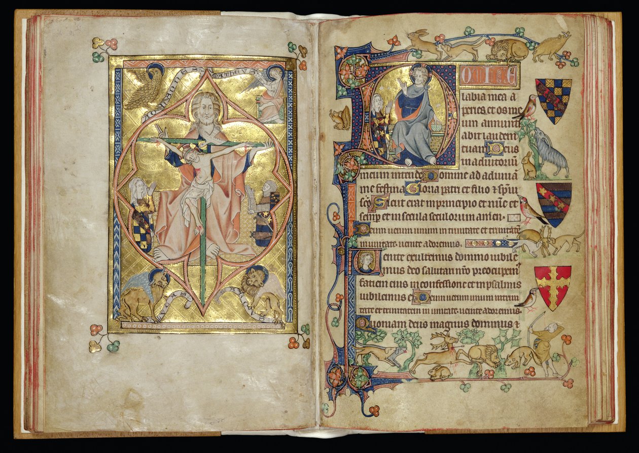 Ms 242 ff.28v-29r Treenigheten og barmhjertighetens trone i en historisk initial D, fra Packham-Clifford Hours, Use of Sarum, ca. 1314-31 (bladgull og tempera på pergament) av English School