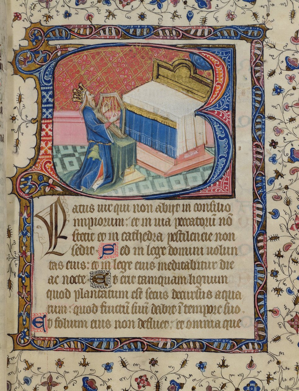Ms 24 f.13 r. Salme 1, David Harping, fra Knightley Psalter, ca. 1380 av English School
