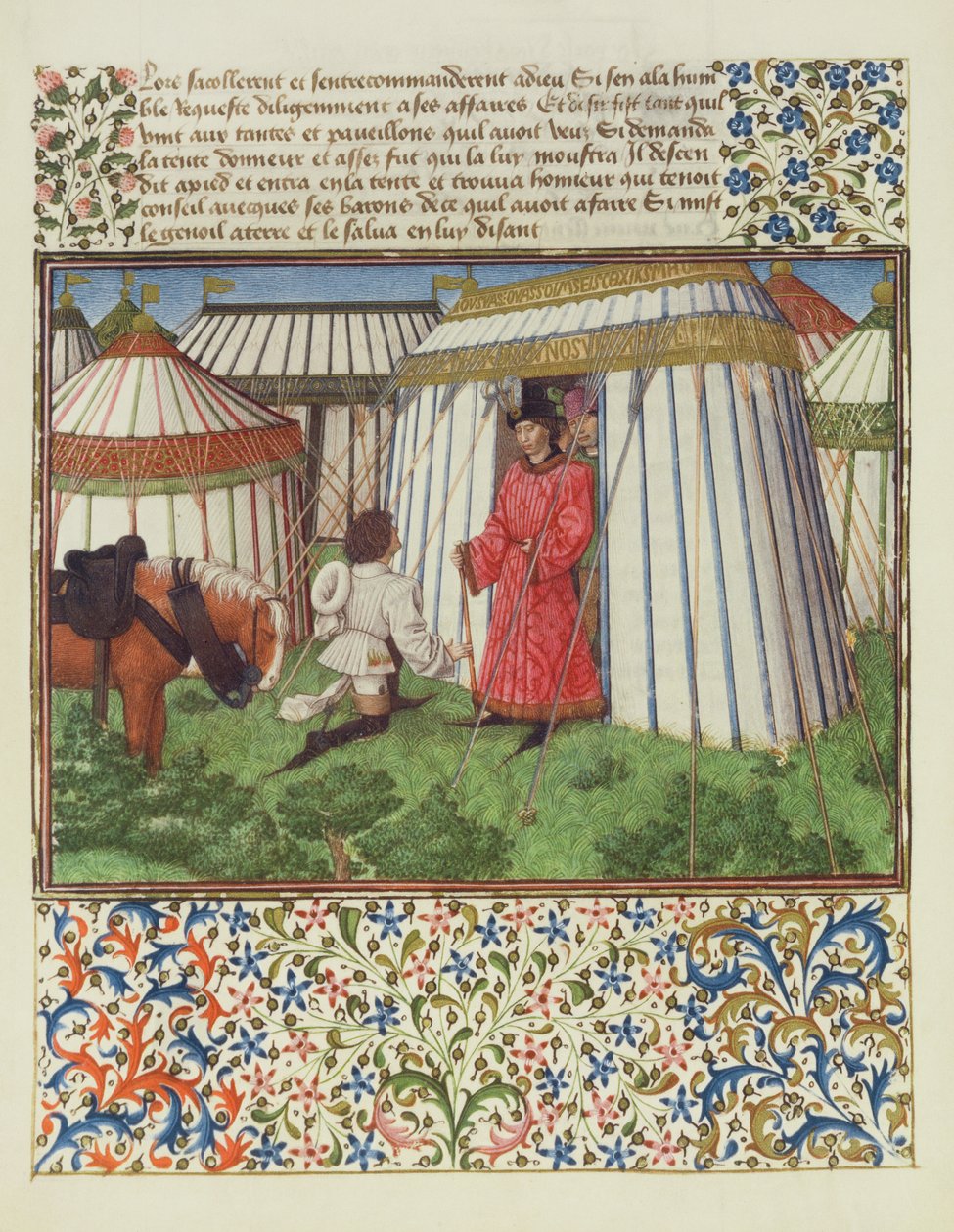 Ms. 2597 Desire kneler foran Honor og ber om hjelp fra Heart, faksimileutgave av Livre du Coeur dAmours Espris av Rene dAnjou av English School