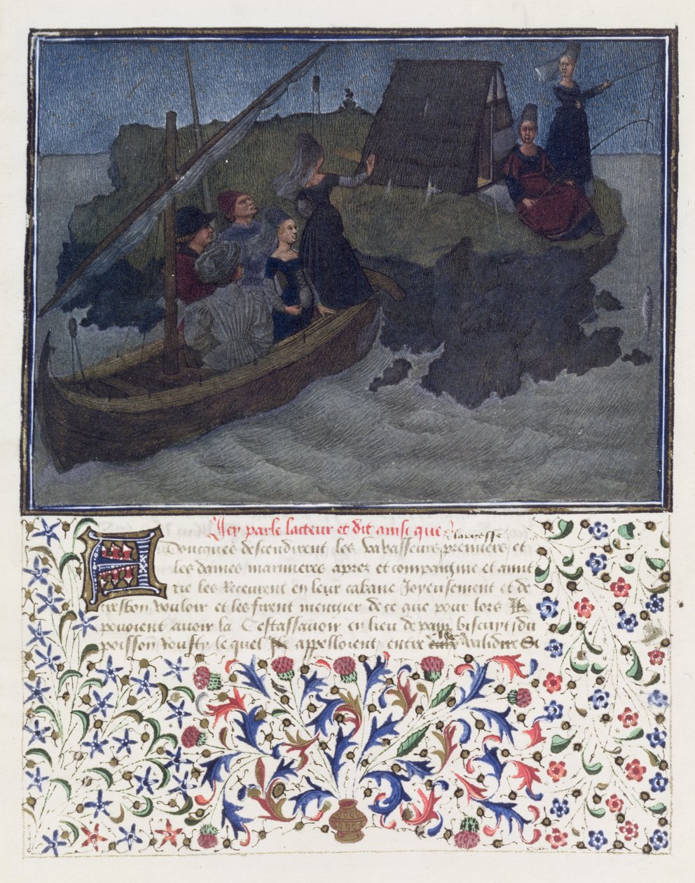 Ms. 2597 Hjerte, begjær og sjenerøsitet lander i natten med forlovede og forventning på rocken til selskapet og vennskapet, faksimileutgave av Livre du Coeur dAmours Espris av Rene dAnjou (farge av English School