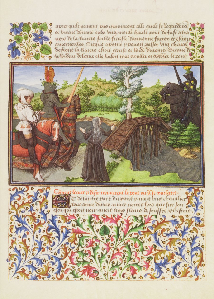 Ms. 2597 Hjerte, begjær og melankoli ved broen The Dangerous Walk, som er bevoktet av Knight Soulcy, faksimileutgave av Livre du Coeur dAmours Espris av Rene dAnjou av English School