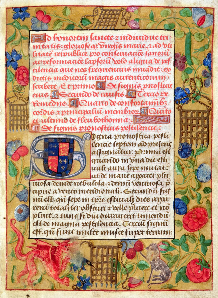 Ms 261 fol.1r Side fra en samling av pesttraktater på latin og engelsk, ca. 1500 av English School