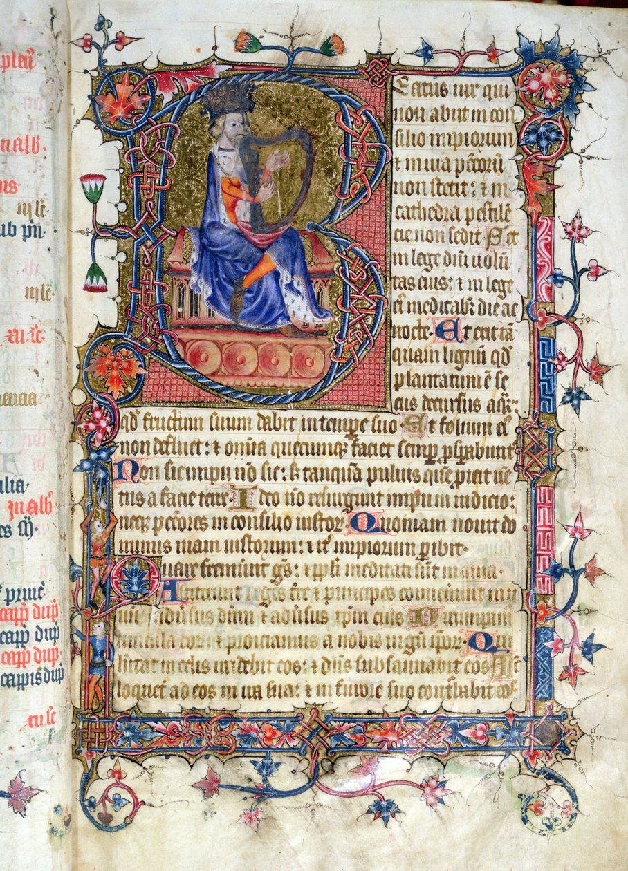 Ms 26 fol.7r. Salme 1, David harping, fra Ramsey Abbey Psalter, ca. 1380 av English School