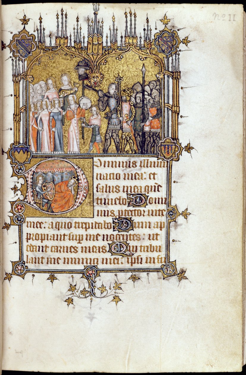 Ms 38-1950, f.29r: David i spissen for en prosesjon som bærer Goliats hode på en lanse, fra Bohun Psalter, ca. 1370 av English School