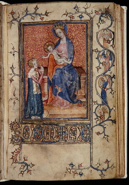 Ms 48, f.86r: Manuskriptets eier ber til jomfruen og barnet, fra Carew-Poyntz-tiden, bruk av Sarum, ca. 1390-1400 (vellum) av English School