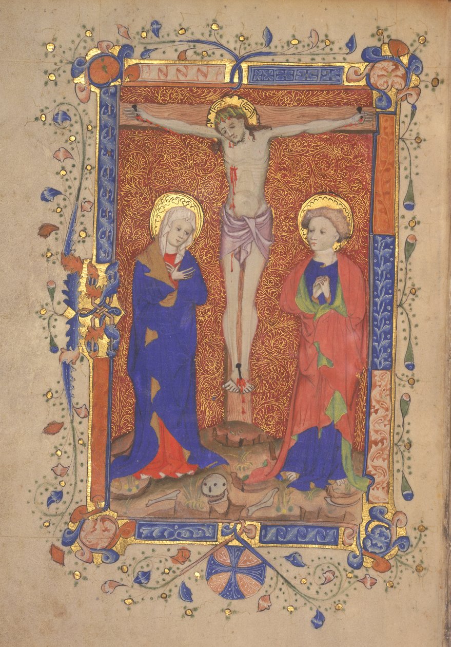 Ms 515 fol.108r Crucifixion with St. Mary and St. John the Baptist, fra Missal of St. Botolph Aldersgate, c.1420-30 av English School