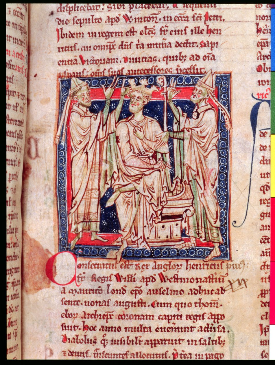 Ms 6712 (A.6.89) fol.129r Henry I (1068-1135), miniatyr fra Flores Historiarum, av Matthew Paris, 1250-52 av English School
