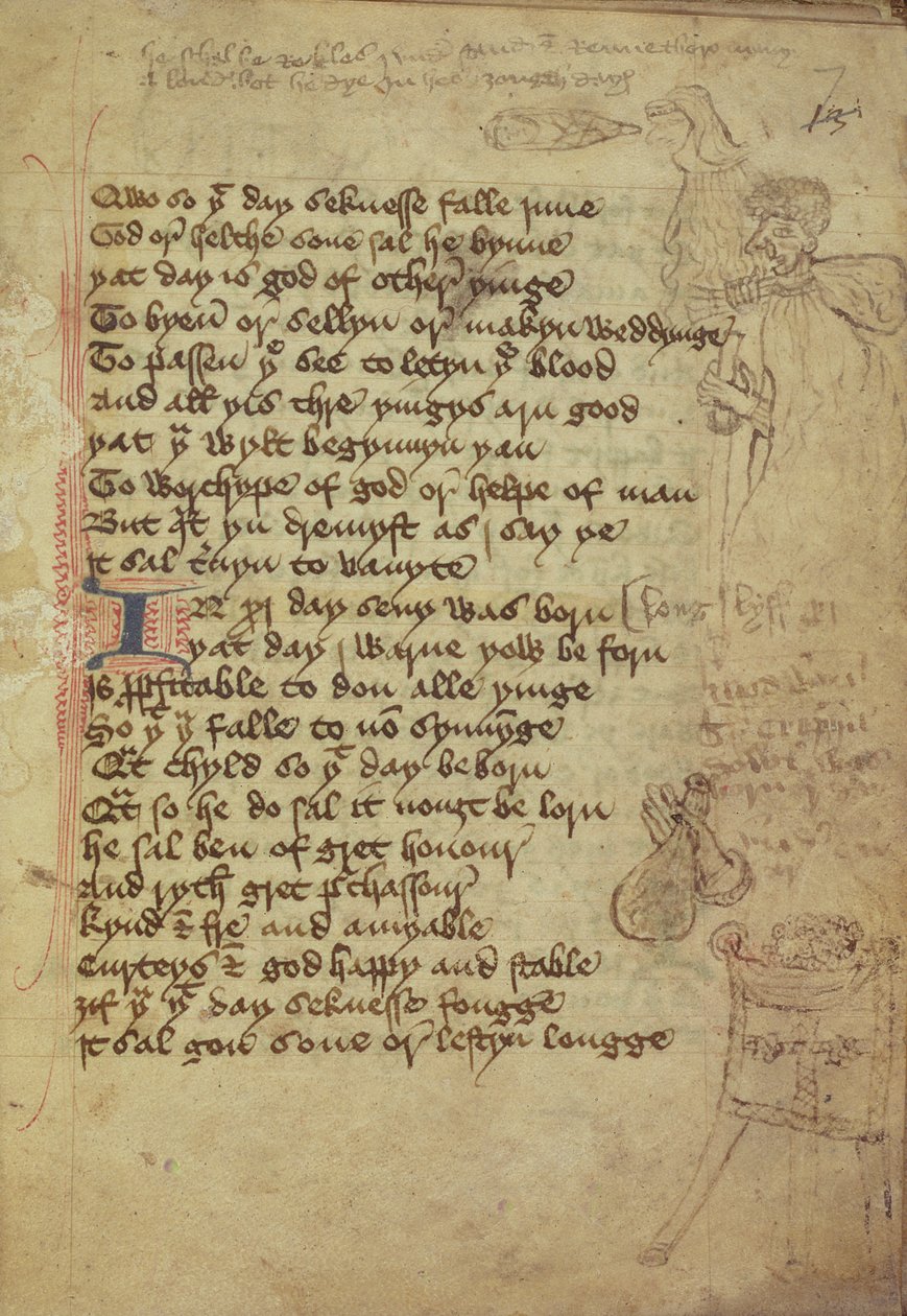 Ms. Harley 1735 fol.7r Side fra en leges notatbok skrevet på mellomengelsk (vellum) av English School