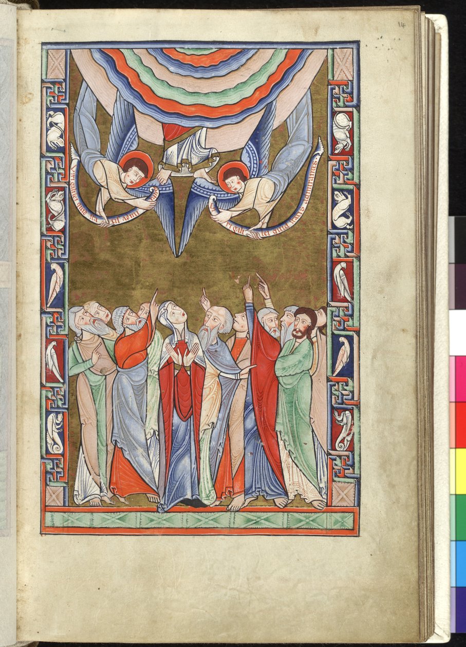 Ms Hunter 229 f.14r The Ascension, fra Hunterian Psalter, ca. 1170 (penn og blekk og tempera på vellum) av English School