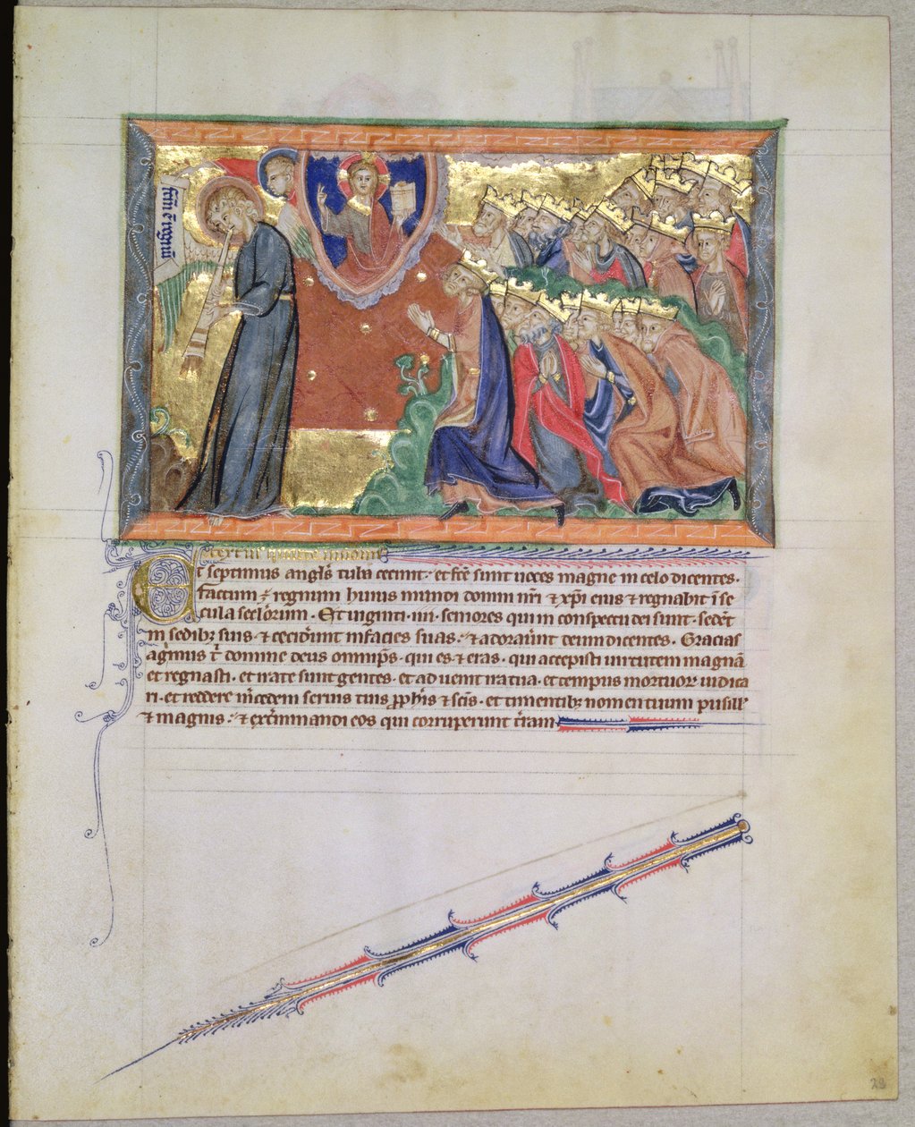 Ms L.A. 139-Lisboa fol.28 Den 7. engelen som blåser i trompeten og de 24 eldste som tilber Gud, fra Gulbenkian Apocalypse, ca. 1265-70 av English School
