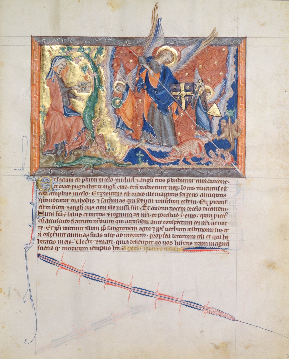 Ms L.A. 139-Lisboa fol.30 Kvinnen gjemt i ørkenen mens erkeengelen Michael kjemper mot dragen i himmelen, fra Gulbenkian Apocalypse, ca. 1265-70 av English School
