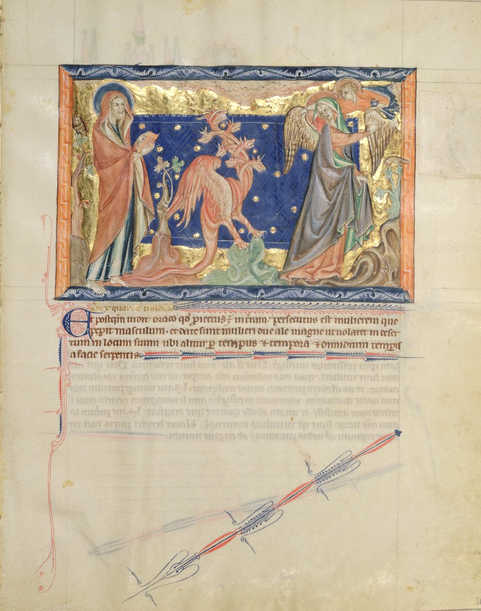 Ms L.A. 139-Lisboa fol.31 St. John ser på en engel hjelpe kvinnen med å rømme fra den røde dragen, fra Gulbenkian Apocalypse, ca. 1265-70 av English School