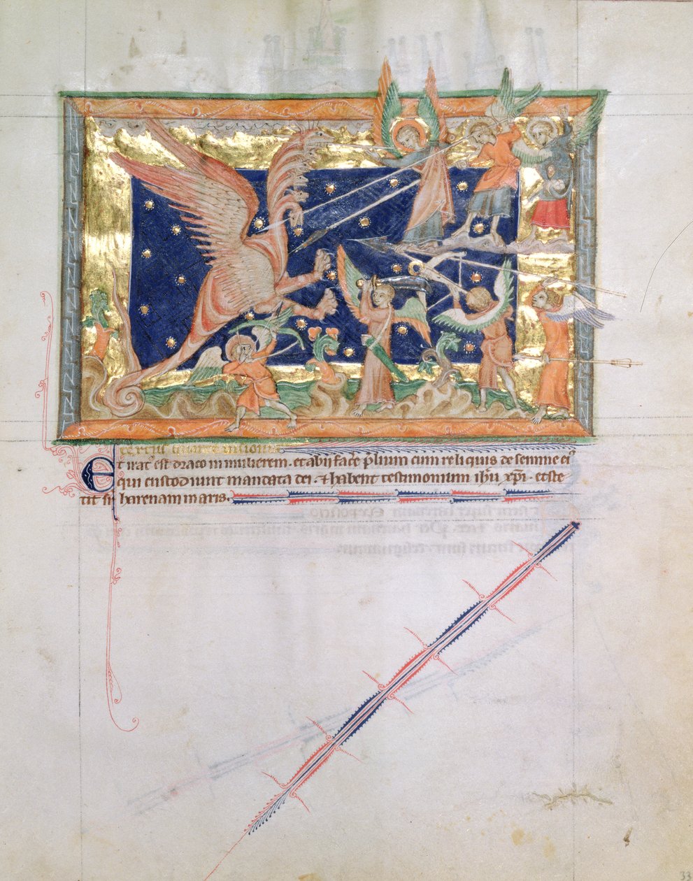 Ms L.A. 139-Lisboa fol.33 Dragen som fører krig med de troende, fra Gulbenkian Apocalypse, ca. 1265-70 av English School