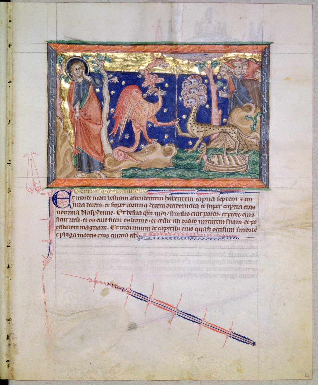 Ms L.A. 139-Lisboa fol.34 Den røde dragen overlater sin makt til havets beist, fra Gulbenkian Apocalypse, ca. 1265-70 av English School