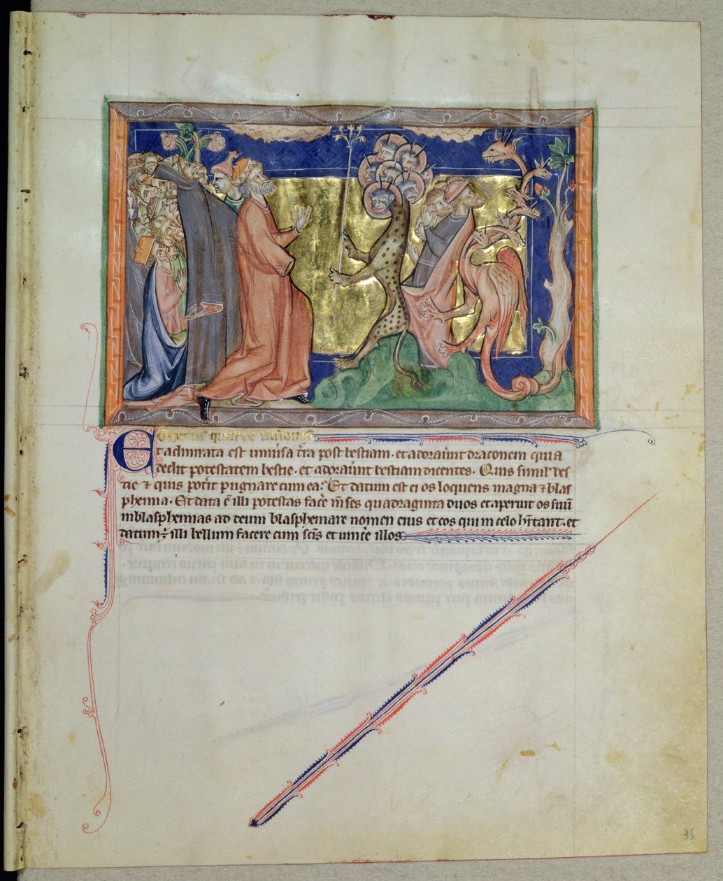 Ms L.A. 139-Lisboa fol.35 Folket som tilber udyret og dragen, fra Gulbenkian Apocalypse, ca. 1265-70 av English School