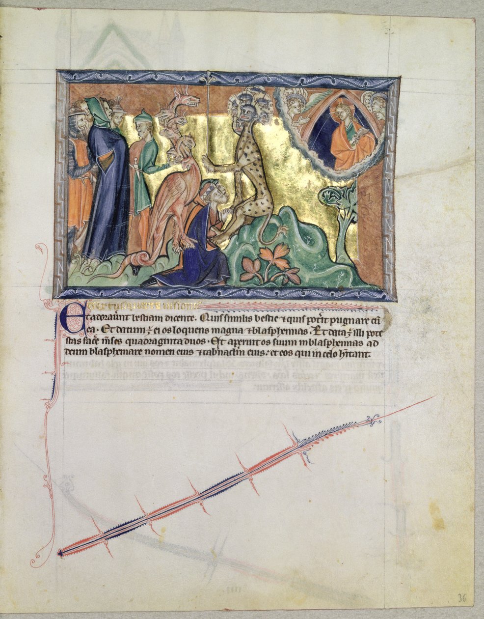 Ms L.A. 139-Lisboa fol.36 Herren ser på folket som tilber havets dyret i nærvær av den røde dragen, fra Gulbenkian Apocalypse, ca. 1265-70 av English School