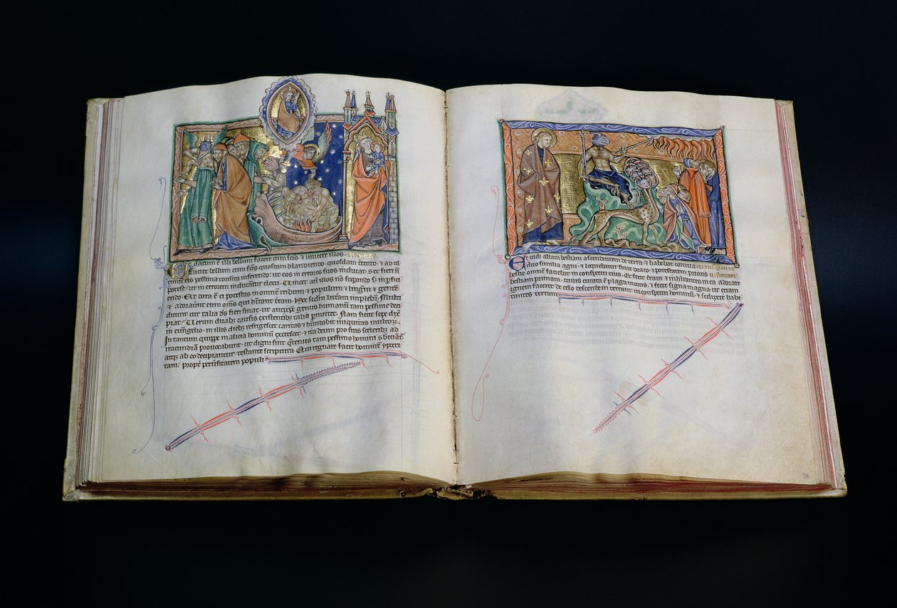 Ms L.A. 139-Lisboa fol.37 v-38 Dyret som spotter Guds navn, og folket som tilber det 3. og 2. dyret, fra Gulbenkian Apocalypse, ca. 1265-70 av English School