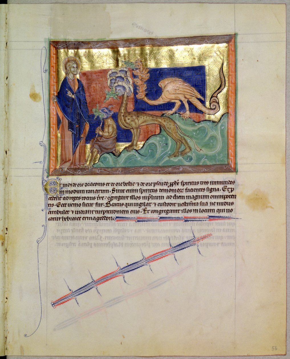 Ms L.A. 139-Lisboa fol.56 St. Johannes evangelisten ser på frosker som kommer ut fra munnen til de tre dyrene, fra Gulbenkian Apocalypse, ca. 1265-70 av English School