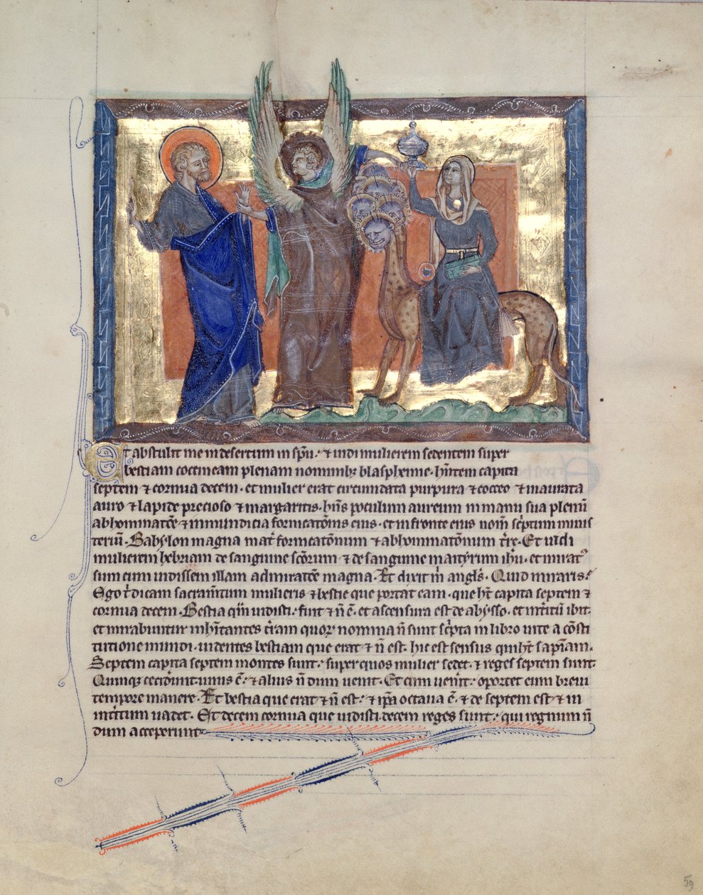 Ms L.A. 139-Lisboa fol.59 En engel som leder St. Johannes evangelisten til skjøgen i Babylon, fra Gulbenkian Apocalypse, ca. 1265-70 av English School