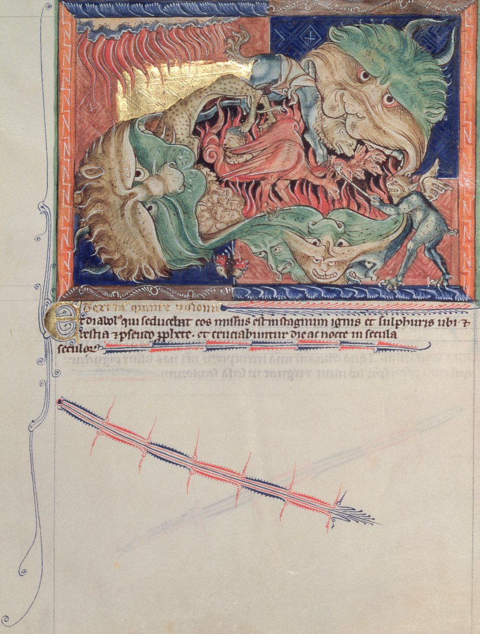 Ms L.A. 139-Lisboa fol.71 Helvetes kjever som svelger den røde dragen, havets og jordens dyr, fra Gulbenkian Apocalypse, ca. 1265-70 av English School