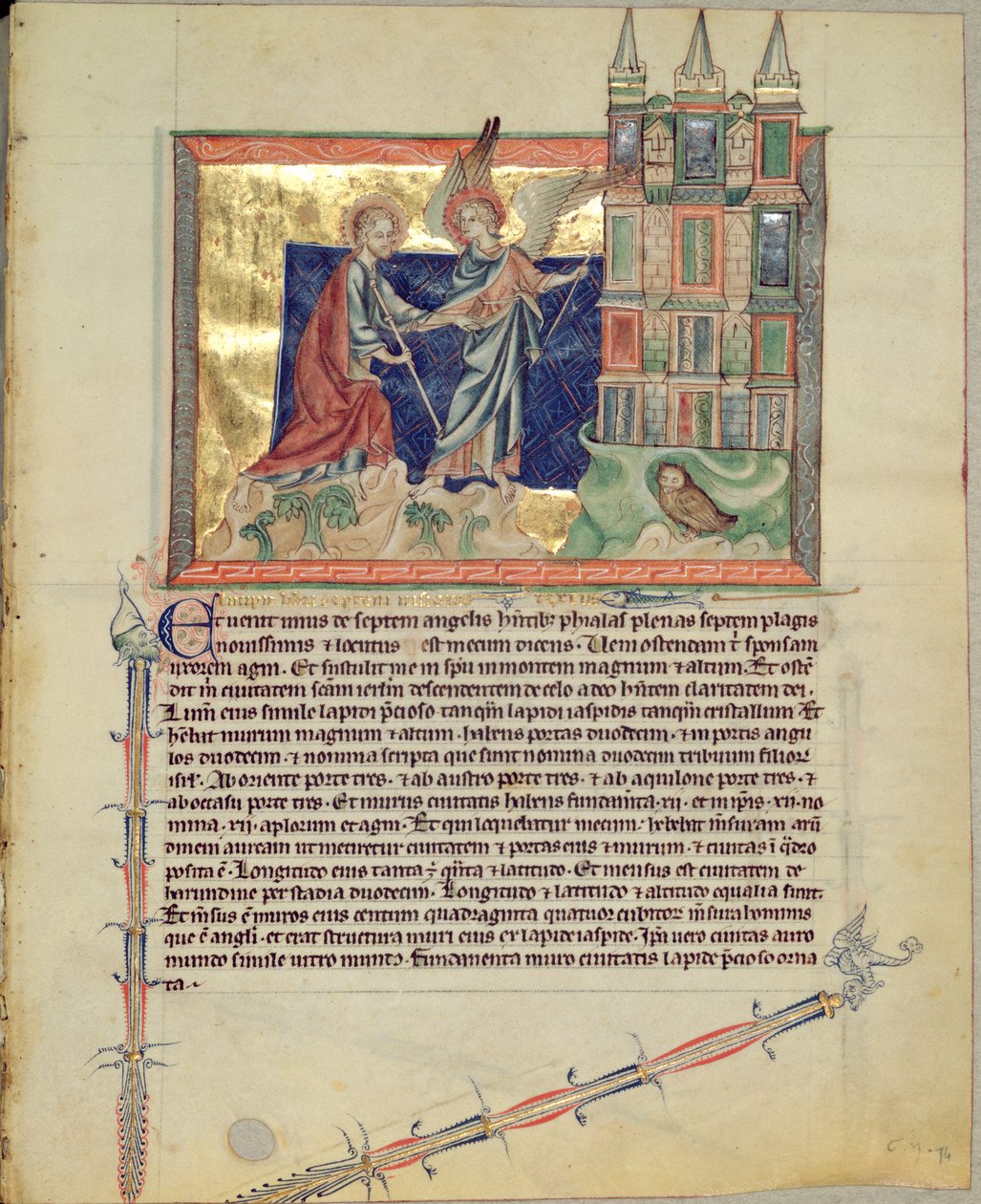 Ms L.A. 139-Lisboa fol.74 En engel som viser det nye Jerusalem til St. John the Evangelist, fra Gulbenkian Apocalypse, ca. 1265-70 av English School