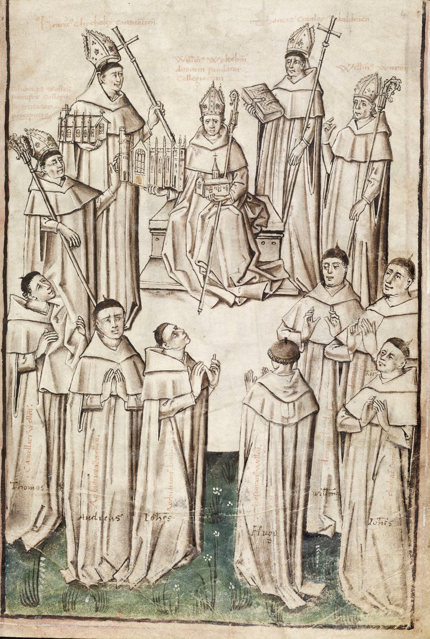 Ms. New Coll 288, f4r. (Chaundler-manuskript), Life of William of Wykeham av Thomas Chaundler (penn og blekk og tempera på vellum) av English School