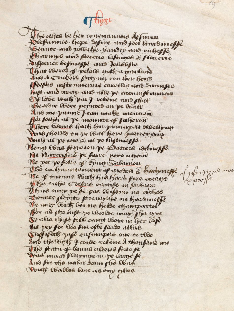 Ms. New Coll 314, f19r, The Canterbury Tales av Geoffrey Chaucer (penn og blekk på vellum) av English School
