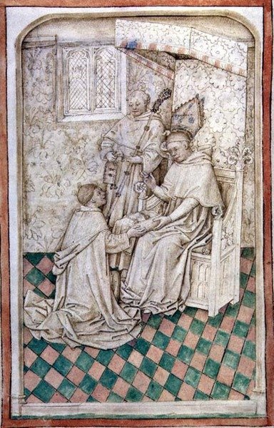 Ms R 14.5 f.8v Thomas Bekynton, biskop av Bath og Wells, mottar Chaundler, fra Abingdon Missal, 1457-61 av English School