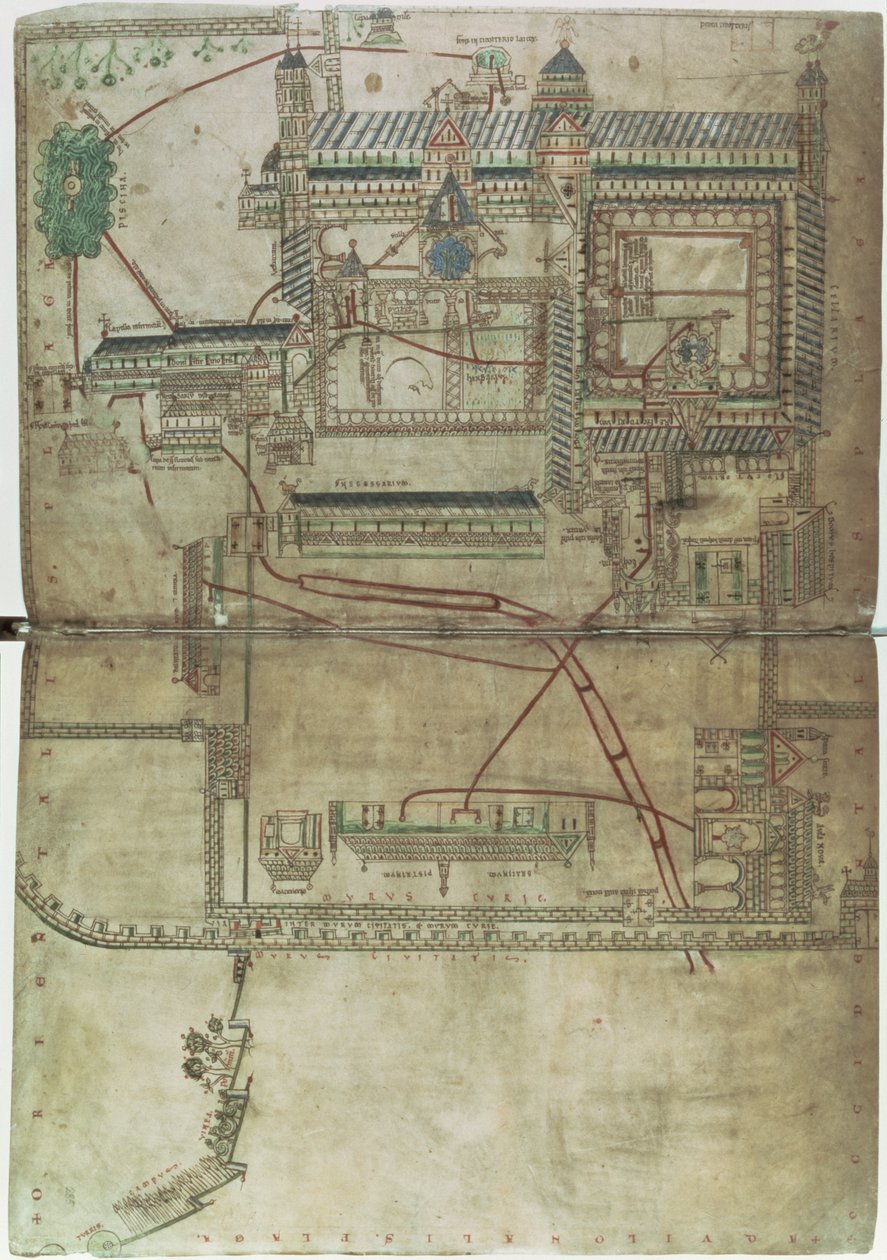 Ms R 171 f.285 Plan over Canterbury Cathedral og rørleggersystemet, fra 