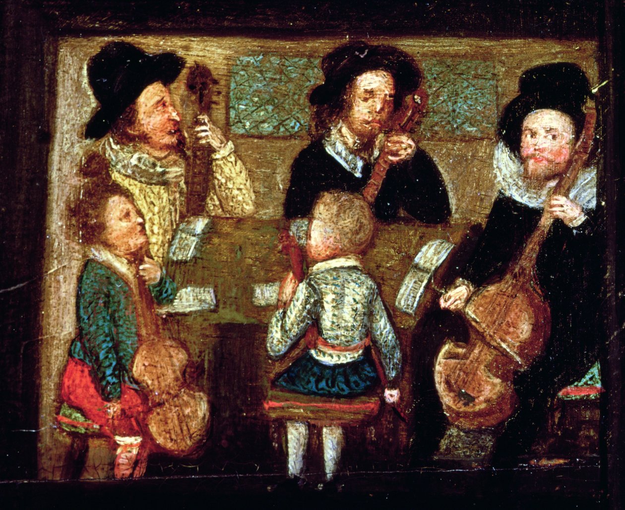 Musikere ved Wadley House, detalj fra The Life and Death of Sir Henry Unton (1557-96), ca. 1596 (se også 99909) av English School