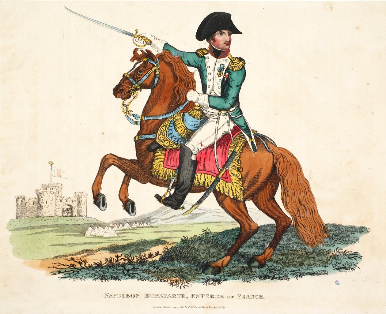 Napoleon Bonaparte, keiser av Frankrike, gravert av Romney, pub. av Richard Evans, illustrasjon fra An Historical Account of the Battle of Waterloo av William Mudford, 1816 av English School