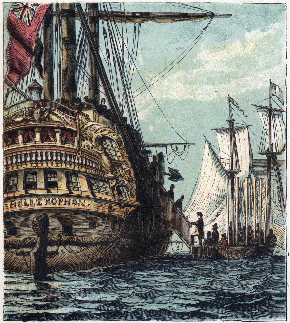 Napoleon I blir levert til engelskmennene. Ombordstigning fra Napoleon til Sainte-Helene (Sainte Helene) ombord på Bellerophon 15. juli av English School