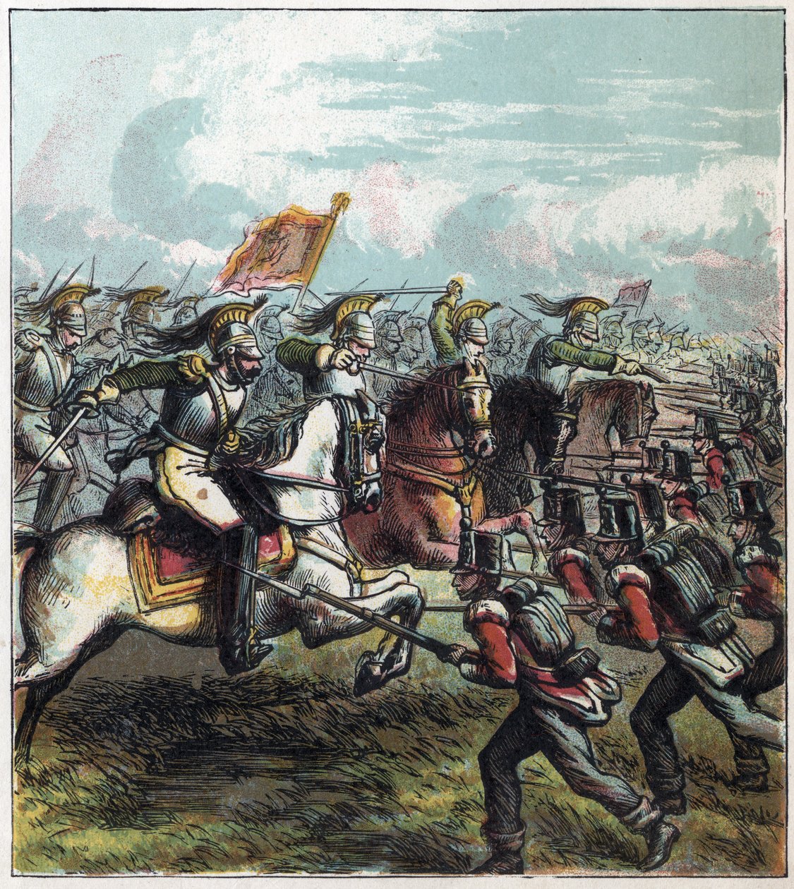 Napoleonskrigen: slaget ved Waterloo 18.06.1815. Det franske kavaleriet av Napoleon I anklaget den engelske hæren, franskmennenes nederlag markerte slutten på imperiet til Napoleon I. Slaget ved Waterloo av English School