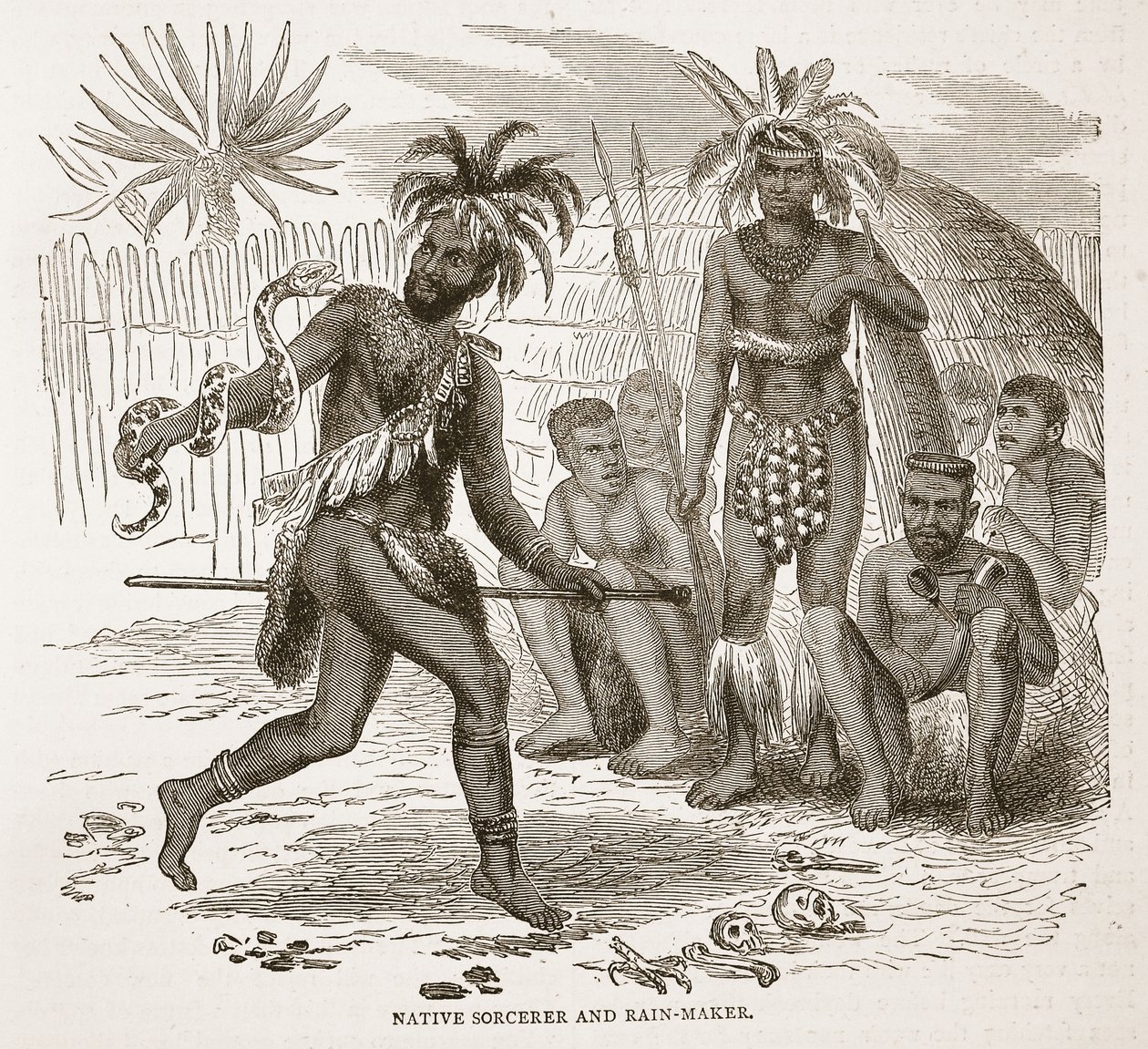Native Sorcerer and Rain-maker, illustrasjon fra The Pictorial Edition of the Life and Discoveries of David Livingstone av J. Ewing Richie, pub. av A. Fullarton & Co., 1876 av English School