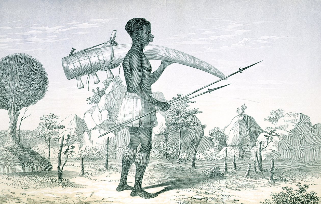 Innfødt som bærer en dekorert elfenbens elefantbrosme, fra The Lake Regions of Central Africa, av Richard F. Burton (1821-90), 1860 av English School