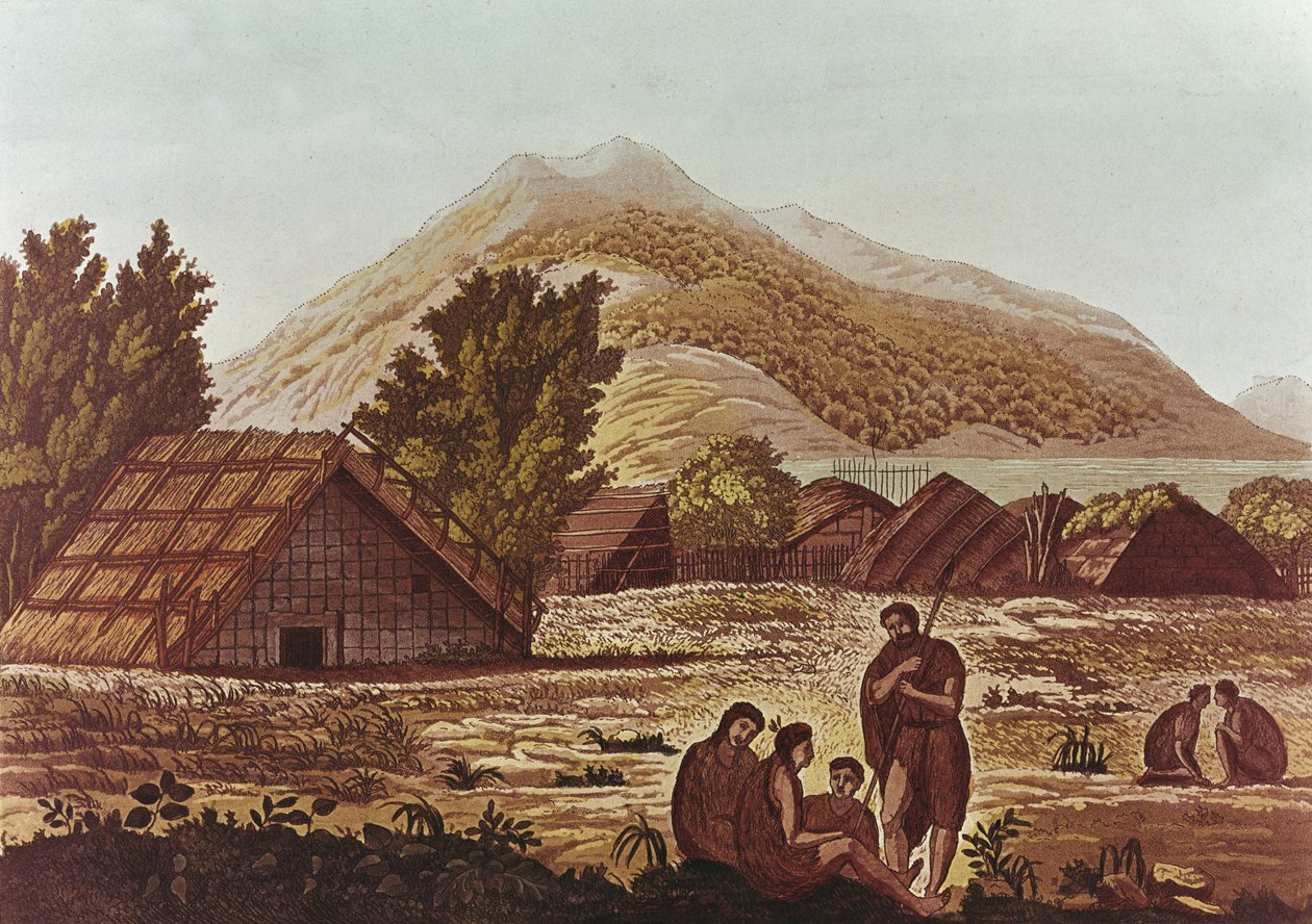 Innfødte, med hytter og fjell bak, gravert av F. Fumagalli (fargegravering) av English School