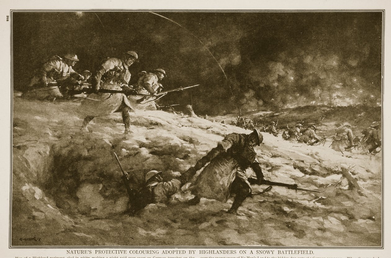 Naturens beskyttende fargelegging adoptert av høylandere på en snødekt slagmark, 1914-19 av English School