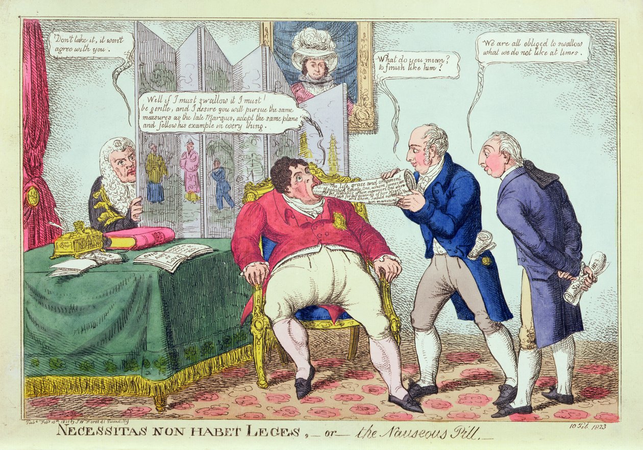 Nødvendighet har ikke lover, eller kvalmepillen, 1823 (håndfarget gravering) av English School