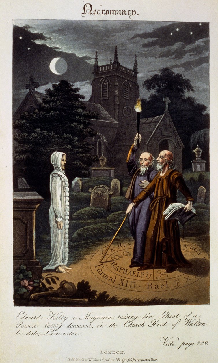 Necromancy: Edward Kelly, en magiker, oppdrar spøkelsen til en nylig avdød person, i Church Yard of Walton-le-dale, Lancaster, fra 