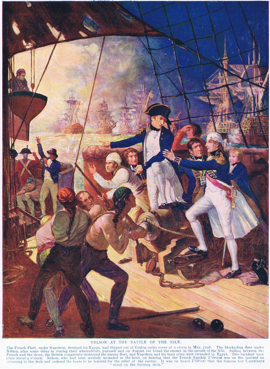 Nelson at the Battle of the Nile, illustrasjon fra Hutchinsons History of the Nations, ca. 1910 av English School