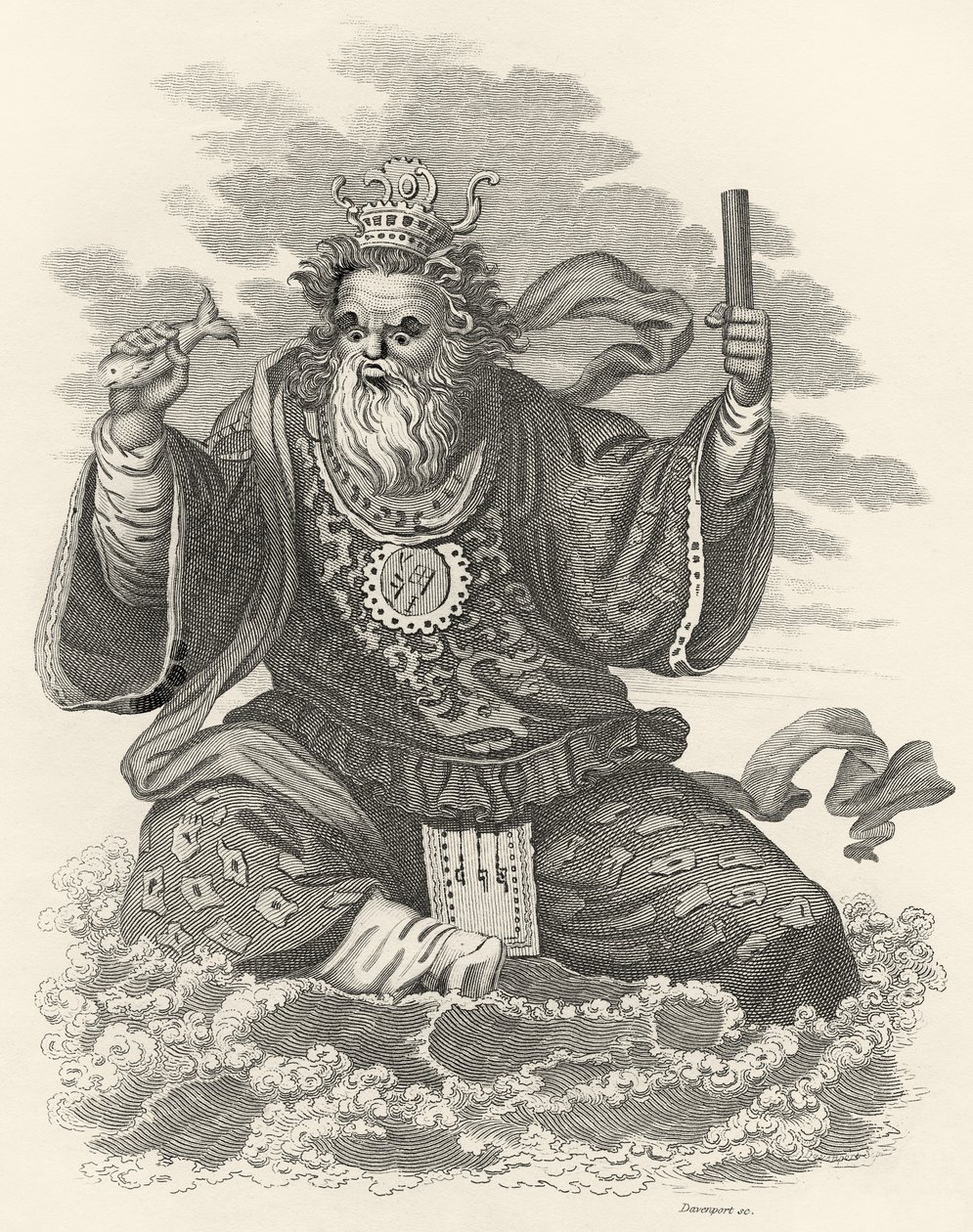 Neptune of the Chinese, illustrasjon fra The World: or the present State of the Universe, som er en generell og komplett samling av moderne reiser og reiser, av Cavendish Pelham, utgitt, London av English School