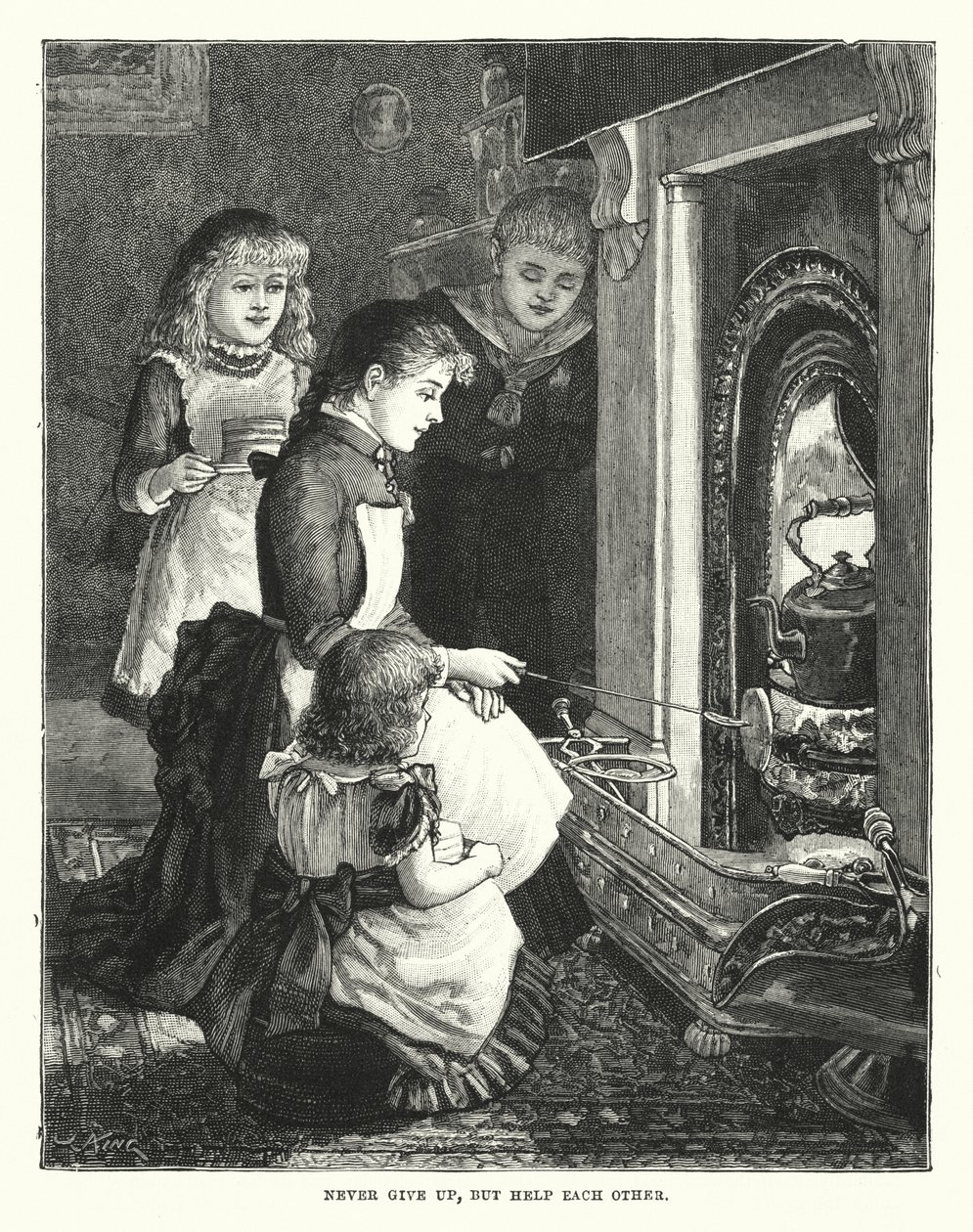 Gi aldri opp, men hjelp hverandre (gravering) av English School