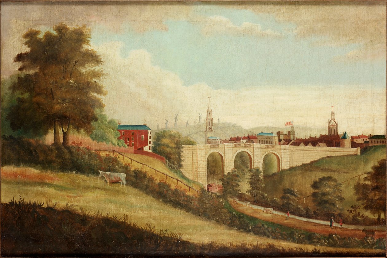 Ny bro over Pandon Dene, Newcastle upon Tyne, ca. 1812 av English School