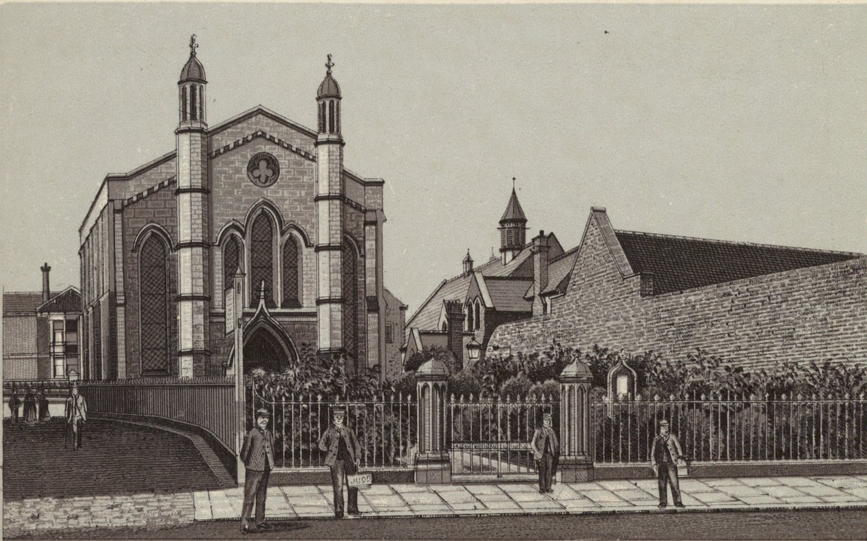 Newbury: Wesleyan kirke og skoler (litografi) av English School