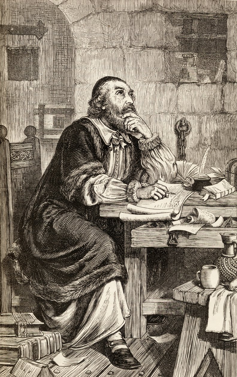 Nicholas Ridley skrev brev i fengselet mens han ventet på henrettelse, ca. 1865 (tregravering) av English School