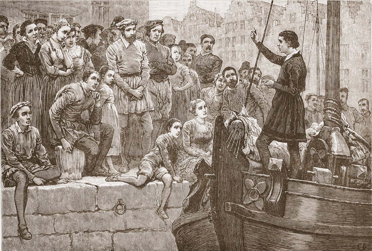 Nicholas forkynner for publikum fra en båt på Schelde, illustrasjon fra The History of Protestantism av James Aitken Wylie (1808-1890), pub. 1878 av English School
