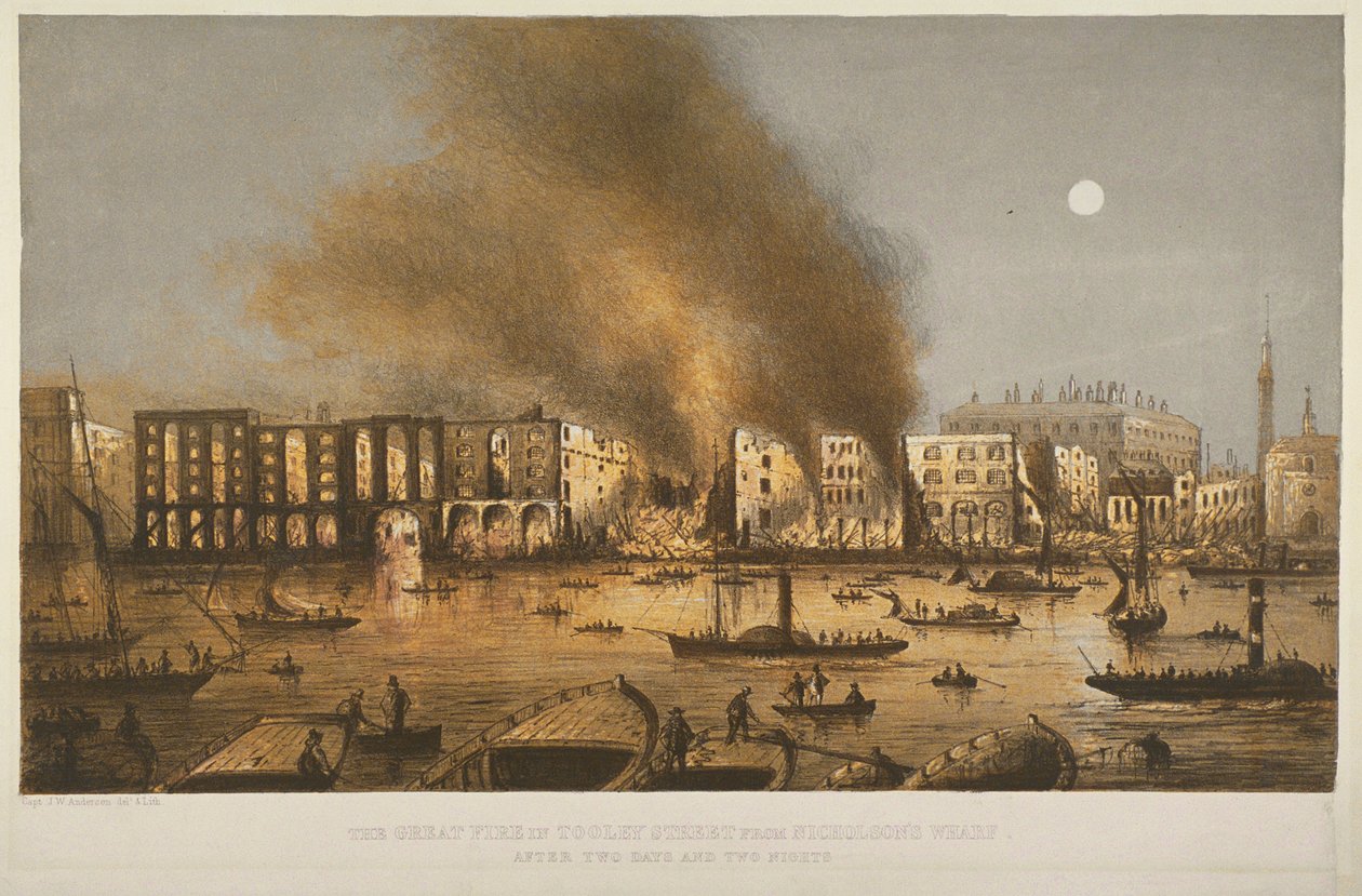 Nattvisning av brannen i 1861 i Tooley Street, Bermondsey, 1861 av English School